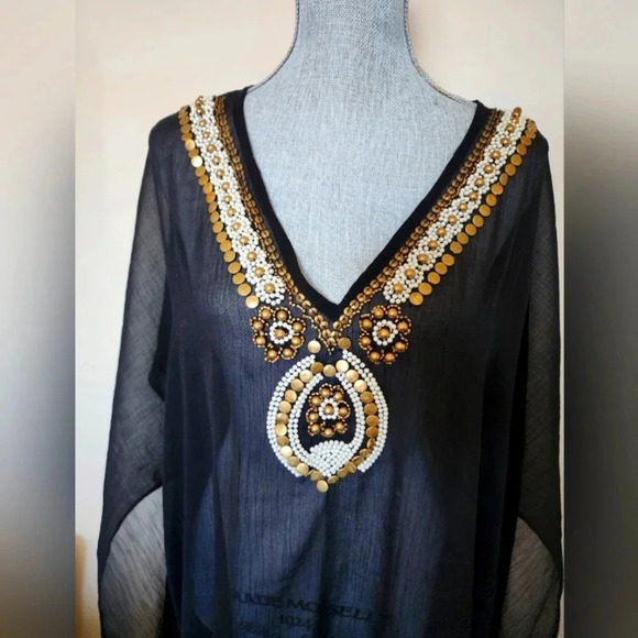SolMer Cover  up caftan Beach Black Beaded Semi Sheer Gold size L - Picture 2 of 7